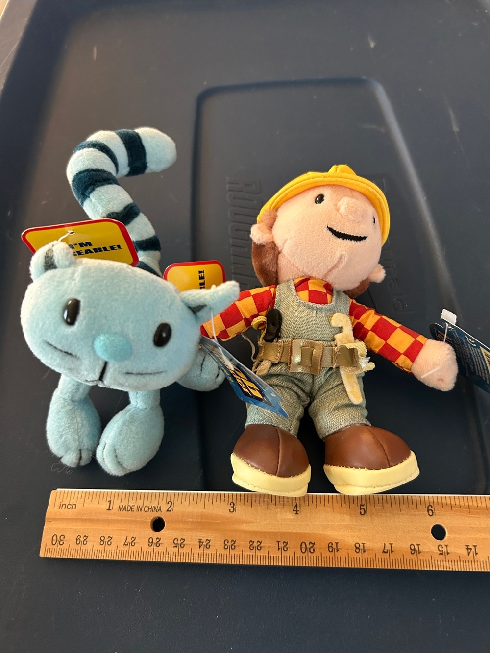 Bob the Builder Plush Doll with Yellow Hard Hat, with his cat Pilchard